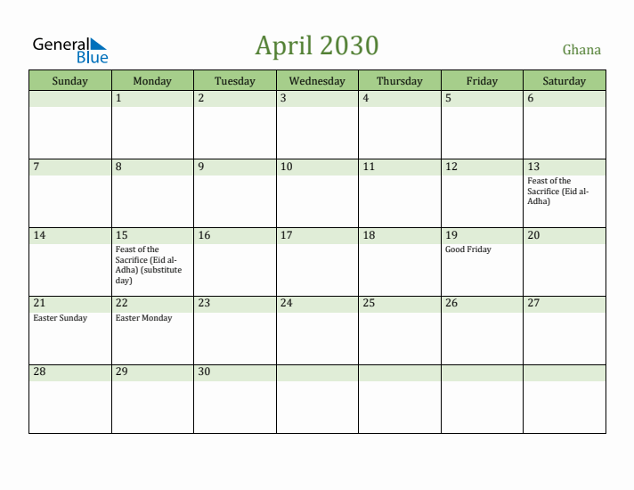 April 2030 Calendar with Ghana Holidays
