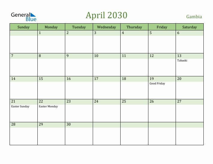 April 2030 Calendar with Gambia Holidays