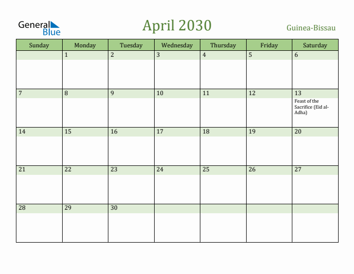 April 2030 Calendar with Guinea-Bissau Holidays