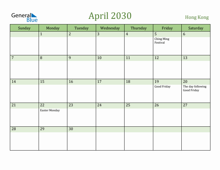 April 2030 Calendar with Hong Kong Holidays