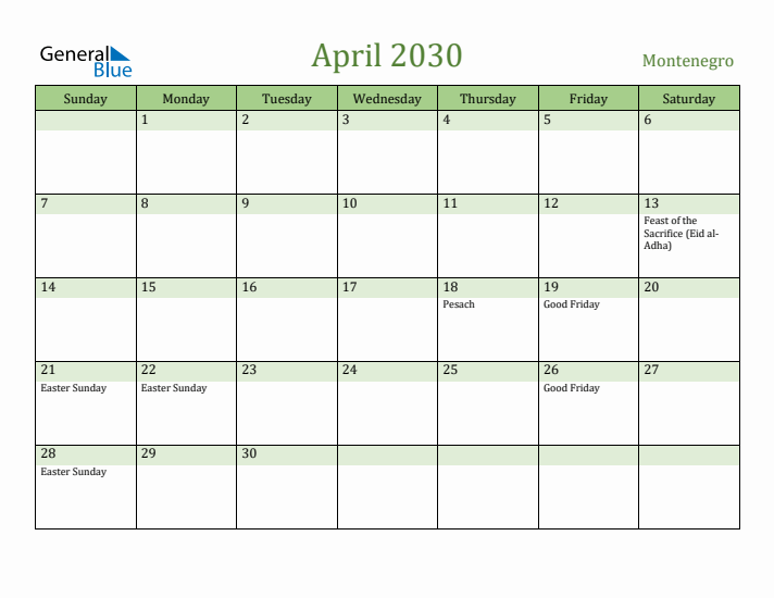 April 2030 Calendar with Montenegro Holidays