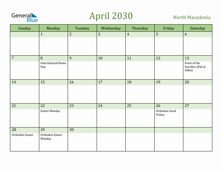 April 2030 Calendar with North Macedonia Holidays