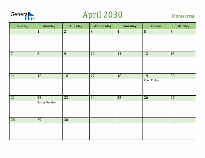 April 2030 Calendar with Montserrat Holidays