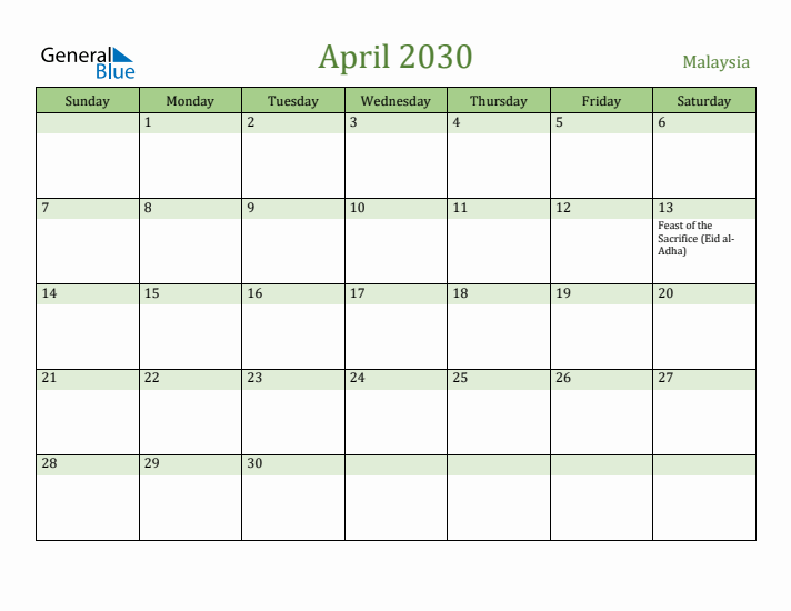April 2030 Calendar with Malaysia Holidays