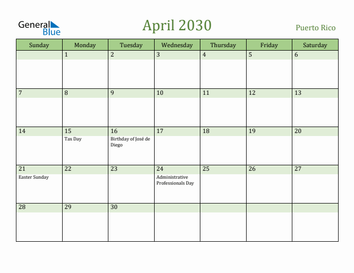 April 2030 Calendar with Puerto Rico Holidays