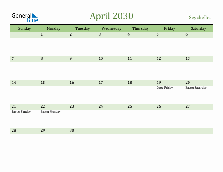 April 2030 Calendar with Seychelles Holidays