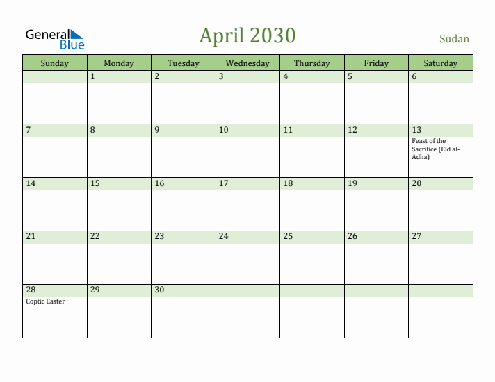 April 2030 Calendar with Sudan Holidays