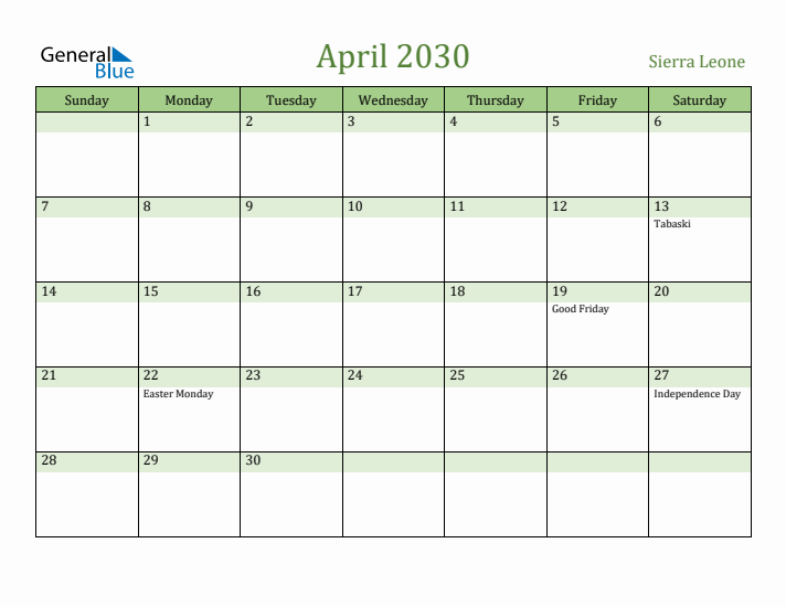 April 2030 Calendar with Sierra Leone Holidays