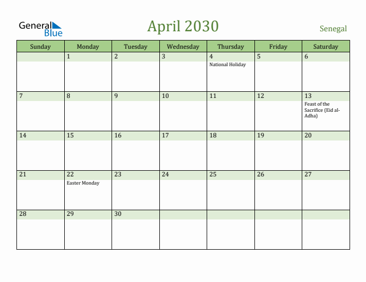April 2030 Calendar with Senegal Holidays