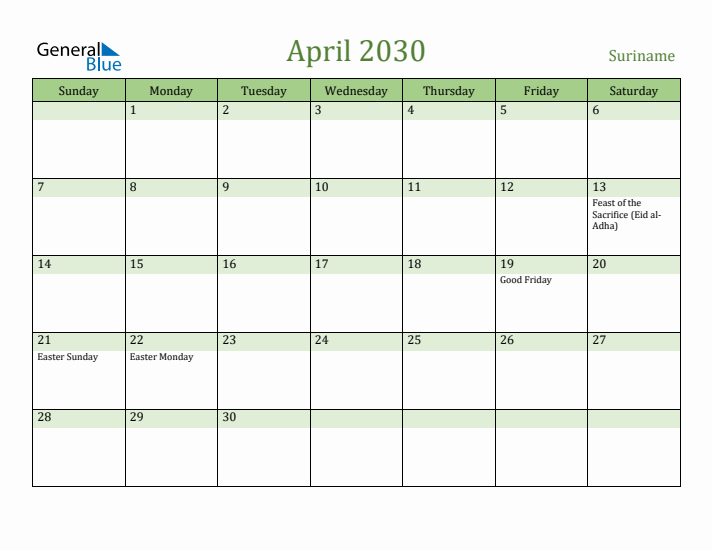 April 2030 Calendar with Suriname Holidays