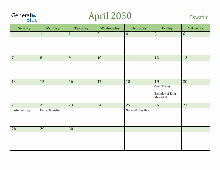 April 2030 Calendar with Eswatini Holidays