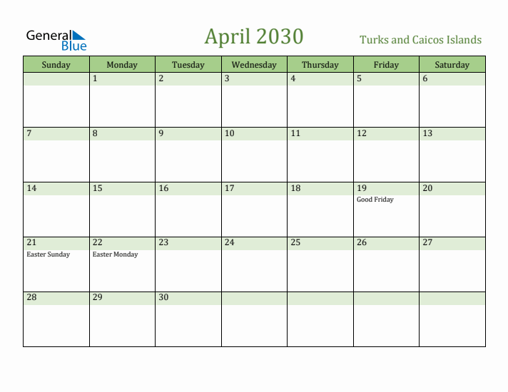 April 2030 Calendar with Turks and Caicos Islands Holidays