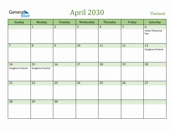 April 2030 Calendar with Thailand Holidays