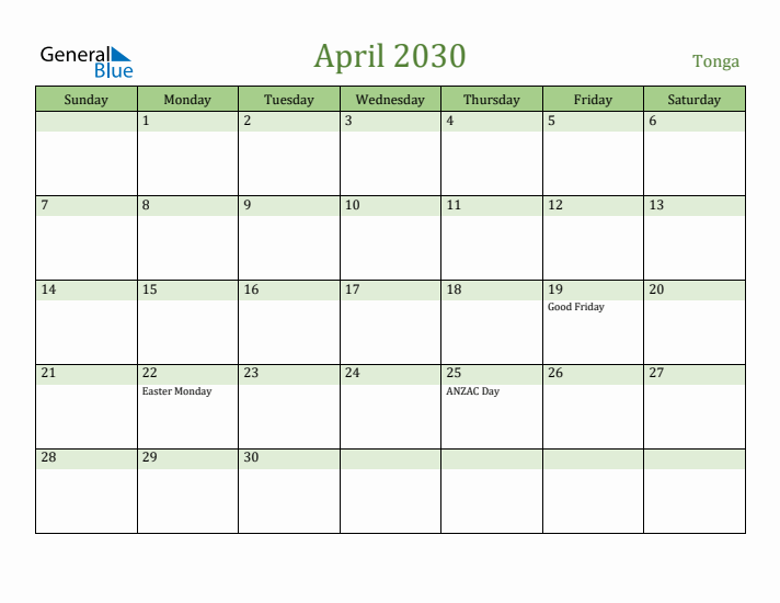 April 2030 Calendar with Tonga Holidays