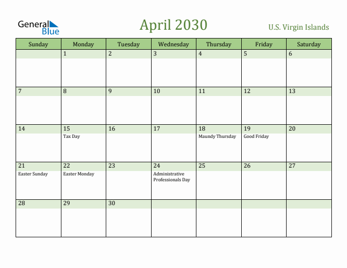 April 2030 Calendar with U.S. Virgin Islands Holidays