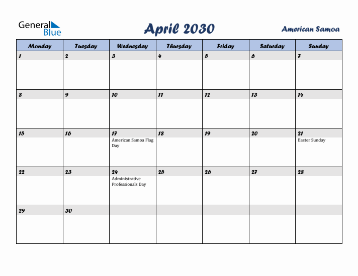 April 2030 Calendar with Holidays in American Samoa