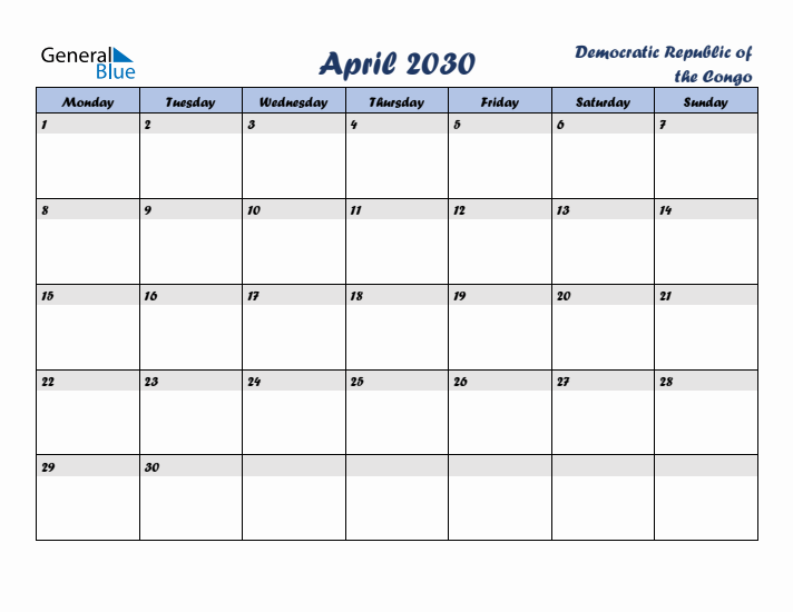 April 2030 Calendar with Holidays in Democratic Republic of the Congo