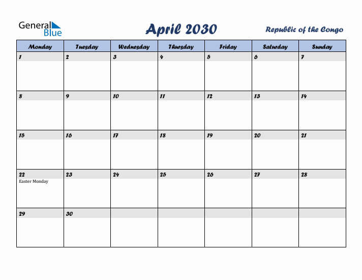 April 2030 Calendar with Holidays in Republic of the Congo