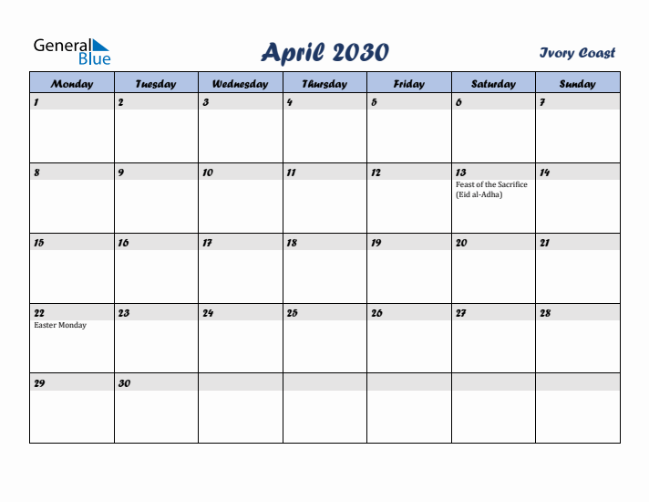 April 2030 Calendar with Holidays in Ivory Coast