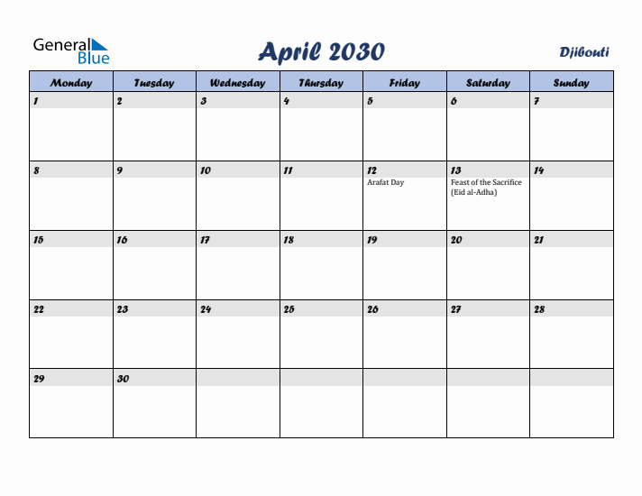 April 2030 Calendar with Holidays in Djibouti