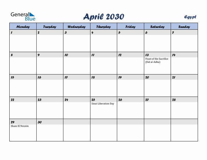 April 2030 Calendar with Holidays in Egypt