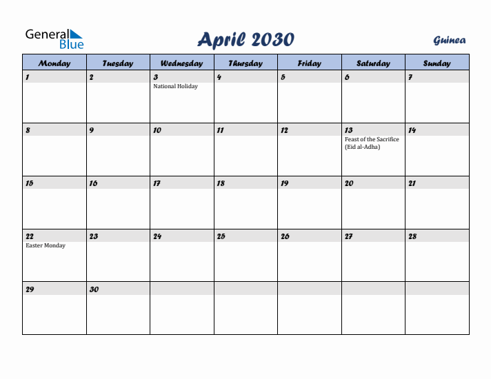 April 2030 Calendar with Holidays in Guinea
