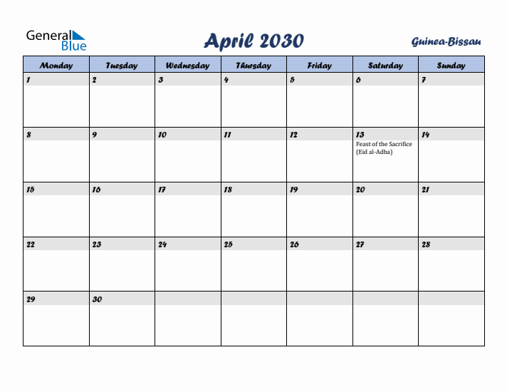 April 2030 Calendar with Holidays in Guinea-Bissau