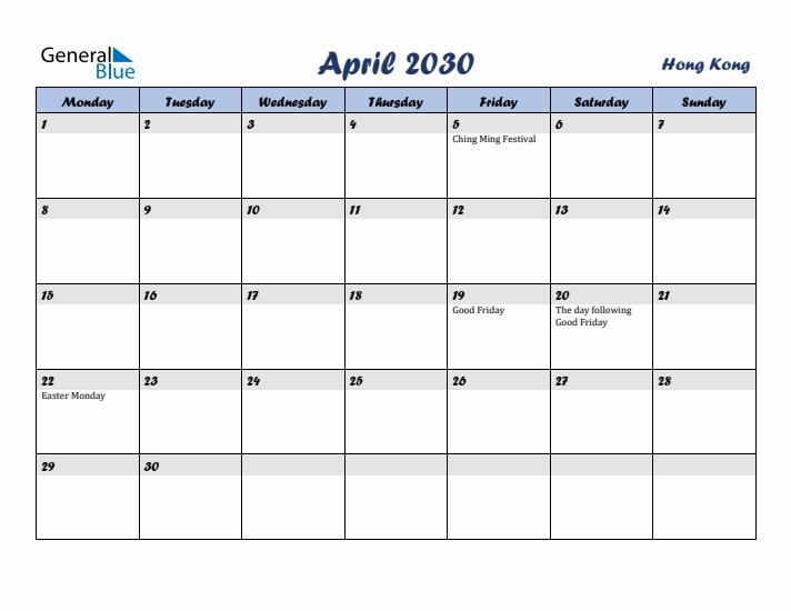 April 2030 Calendar with Holidays in Hong Kong