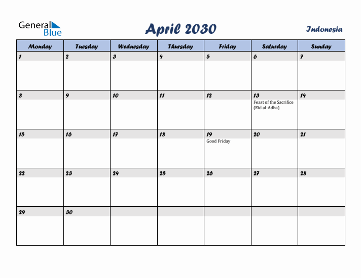 April 2030 Calendar with Holidays in Indonesia