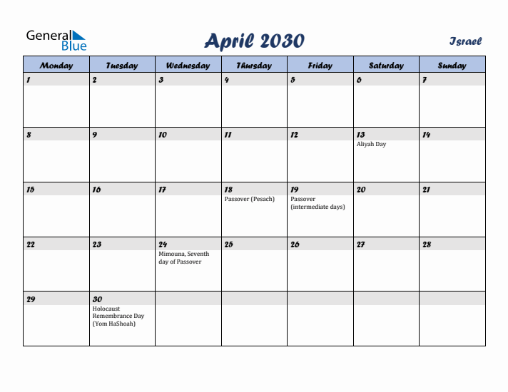 April 2030 Calendar with Holidays in Israel