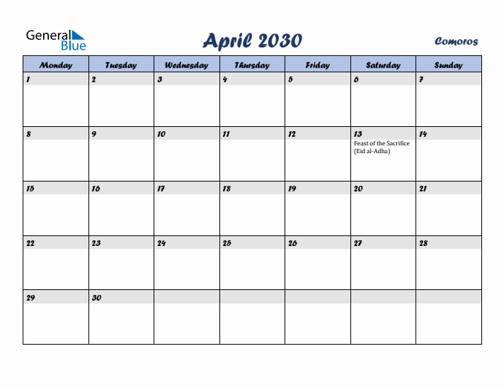 April 2030 Calendar with Holidays in Comoros
