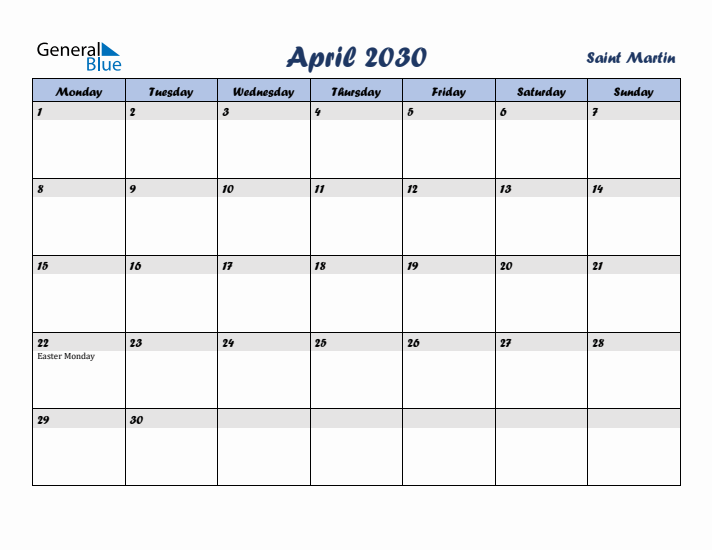 April 2030 Calendar with Holidays in Saint Martin