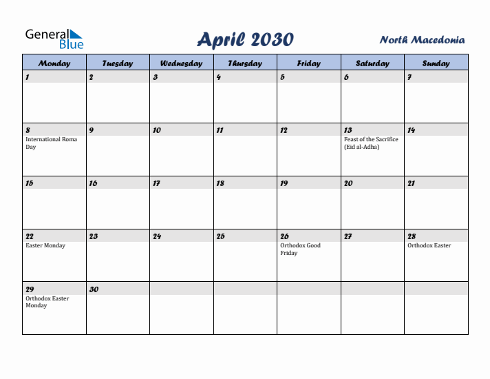 April 2030 Calendar with Holidays in North Macedonia