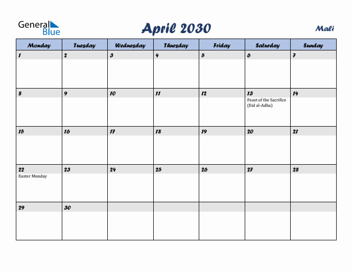 April 2030 Calendar with Holidays in Mali