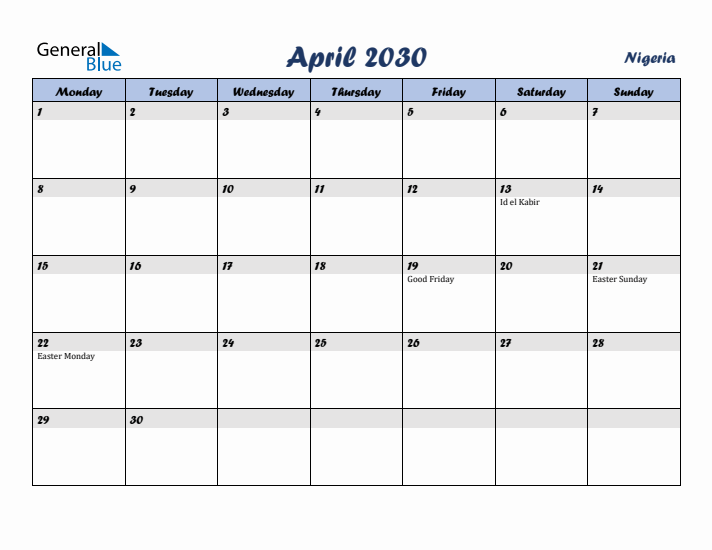 April 2030 Calendar with Holidays in Nigeria