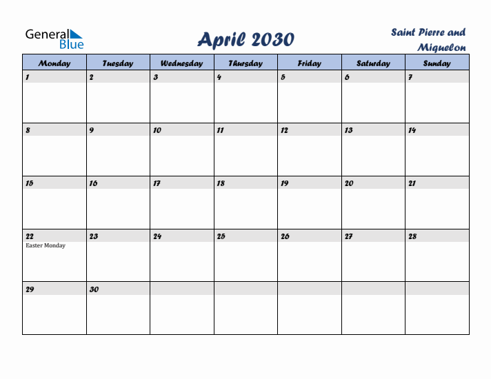 April 2030 Calendar with Holidays in Saint Pierre and Miquelon
