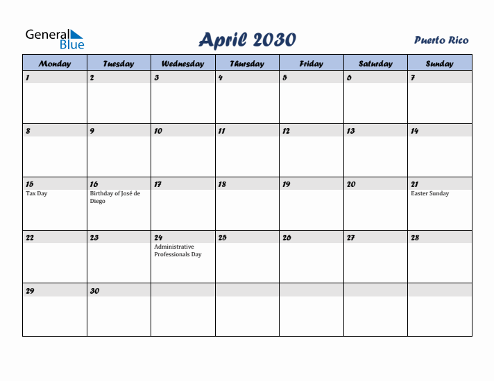 April 2030 Calendar with Holidays in Puerto Rico
