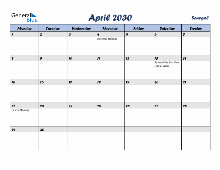 April 2030 Calendar with Holidays in Senegal