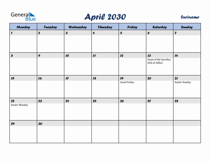 April 2030 Calendar with Holidays in Suriname