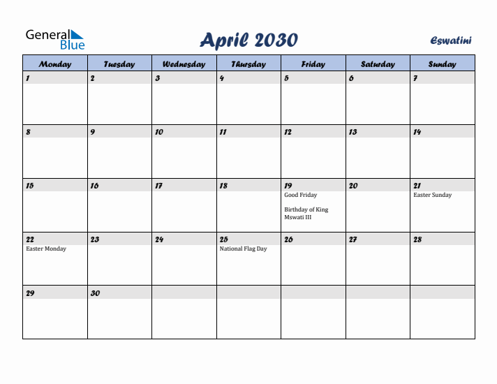 April 2030 Calendar with Holidays in Eswatini