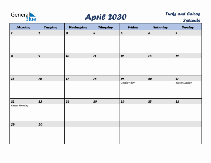 April 2030 Calendar with Holidays in Turks and Caicos Islands