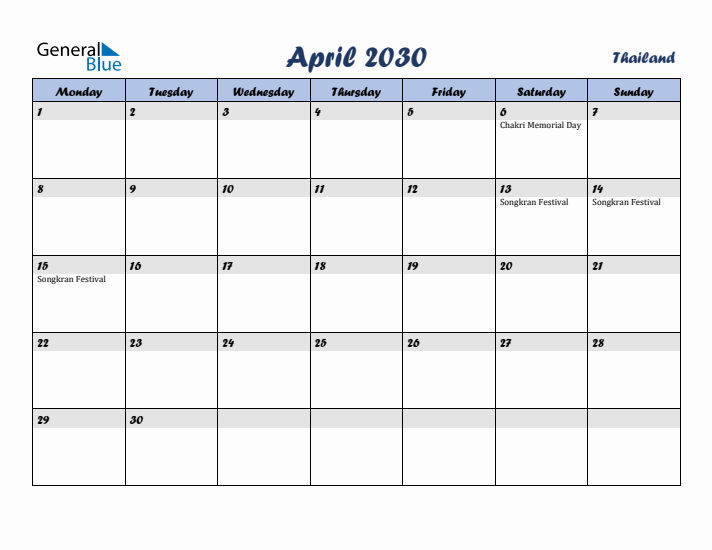 April 2030 Calendar with Holidays in Thailand