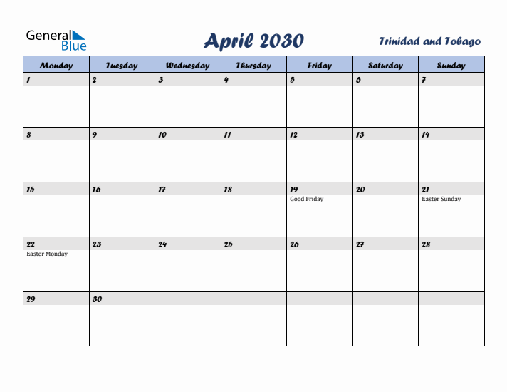 April 2030 Calendar with Holidays in Trinidad and Tobago
