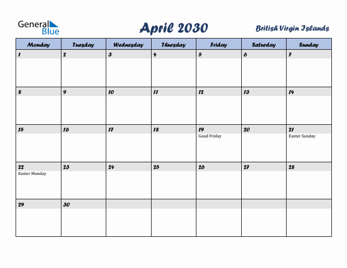 April 2030 Calendar with Holidays in British Virgin Islands