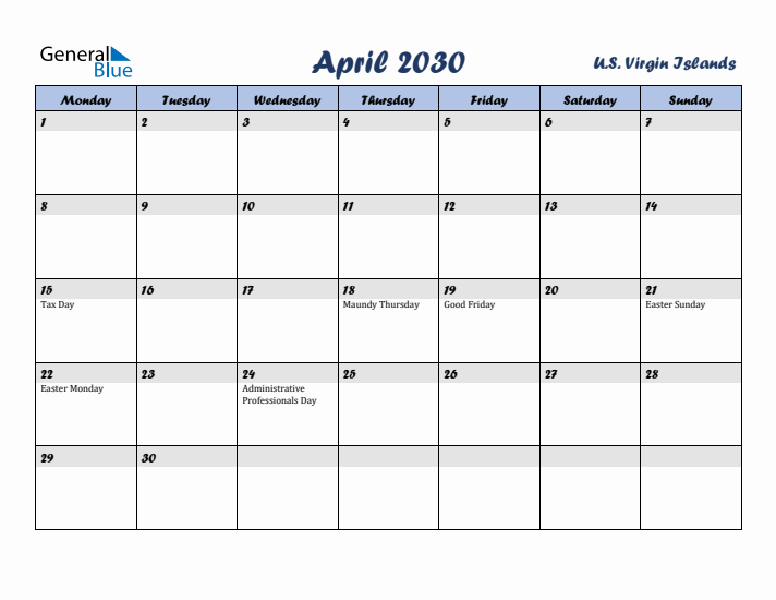April 2030 Calendar with Holidays in U.S. Virgin Islands