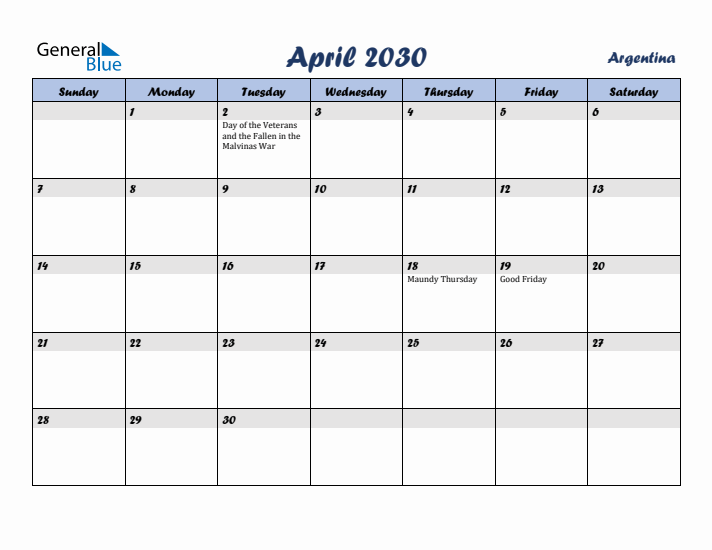 April 2030 Calendar with Holidays in Argentina