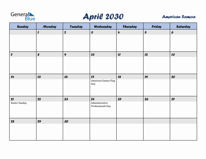 April 2030 Calendar with Holidays in American Samoa