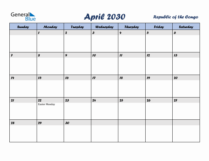 April 2030 Calendar with Holidays in Republic of the Congo