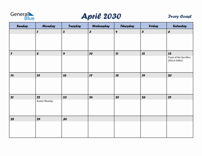 April 2030 Calendar with Holidays in Ivory Coast