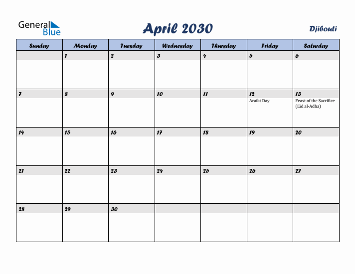 April 2030 Calendar with Holidays in Djibouti